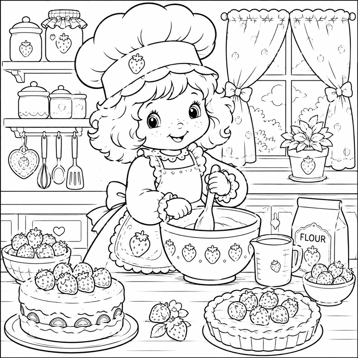 Strawberry Shortcake Baking in the Kitchen coloring page stirring batter in chef hat and apron